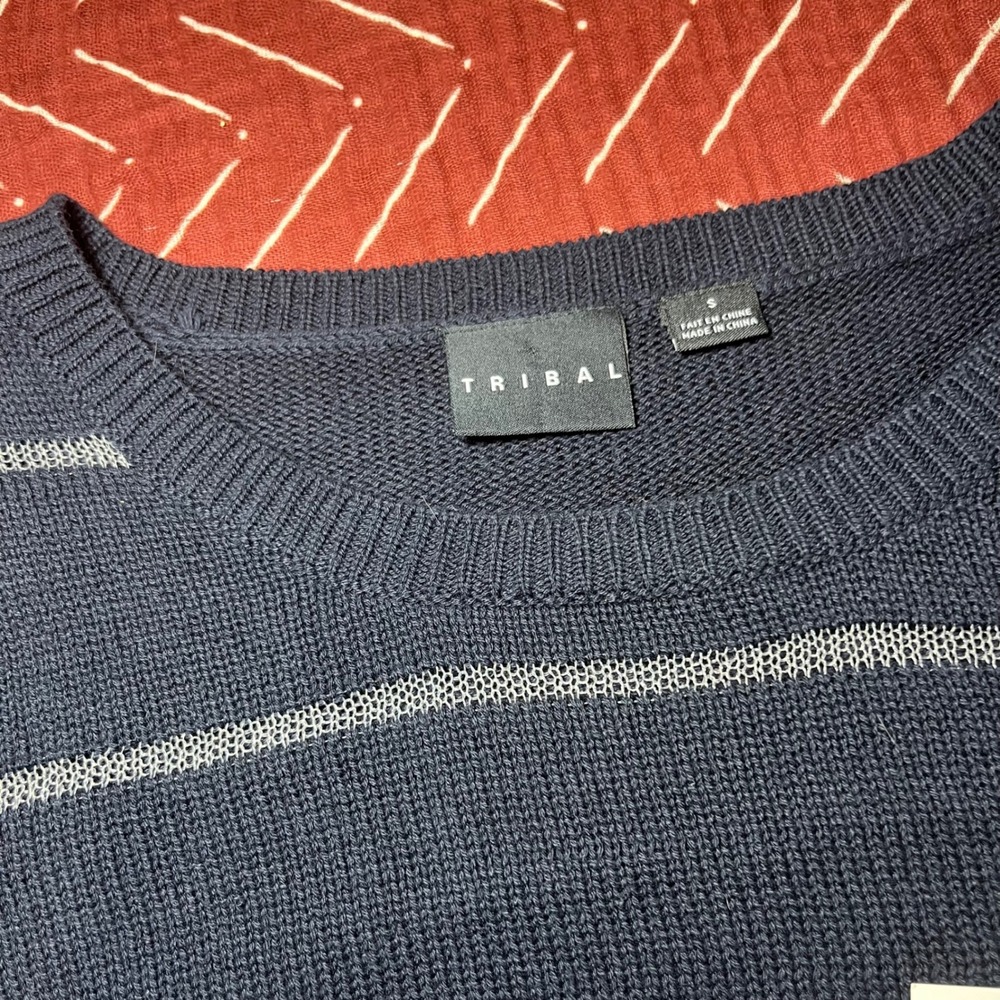 Tribal Navy Blue White Stripe Knit Sweater Pullover Top‎ Size S - Picture 2 of 5